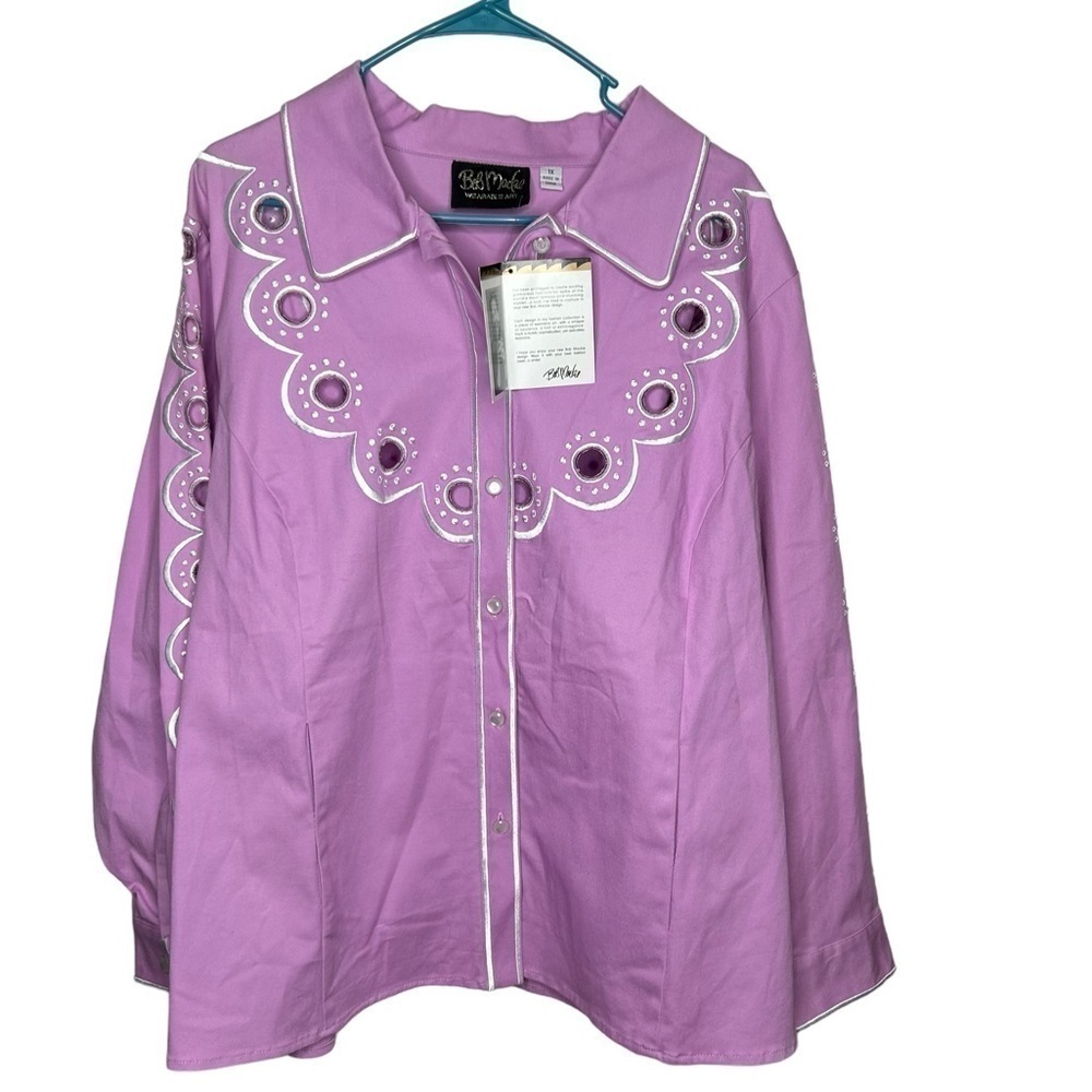 New Bob Mackie Women’s Button Front Pink Purple Laser Cut Shirt 1X BNWT